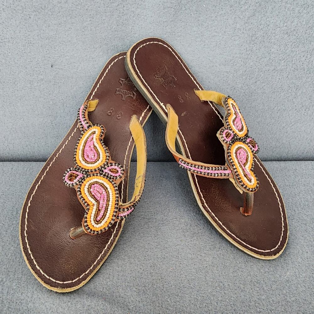 Masai Sandals Womens 38 US 7.5 Leather Beaded Handmade African Flip Flop Tribal